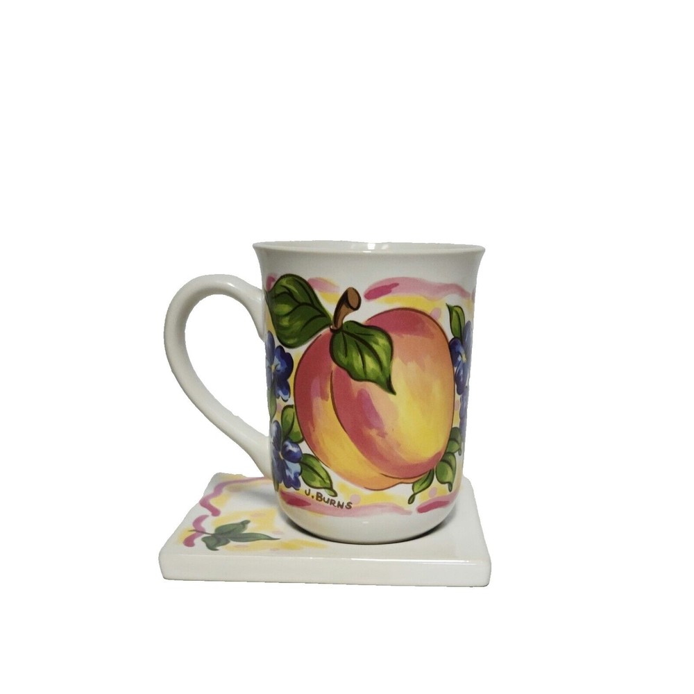 Vintage 1995 Potpourri Designs Message Mug Trivet Box Peaches J. Burns Peeples